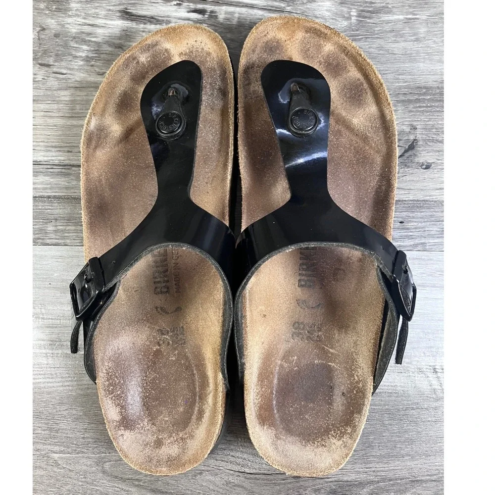 Birkenstock Gizeh Black Patent Sandals EU 38 US Women 7 Thong T-Strap Cork